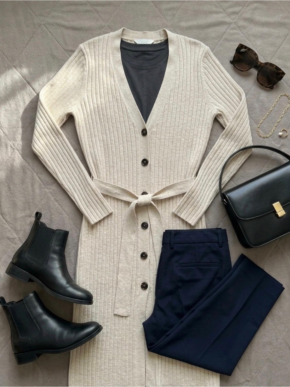 Time and Tru Long Ribbed Belted Cardigan in Cream